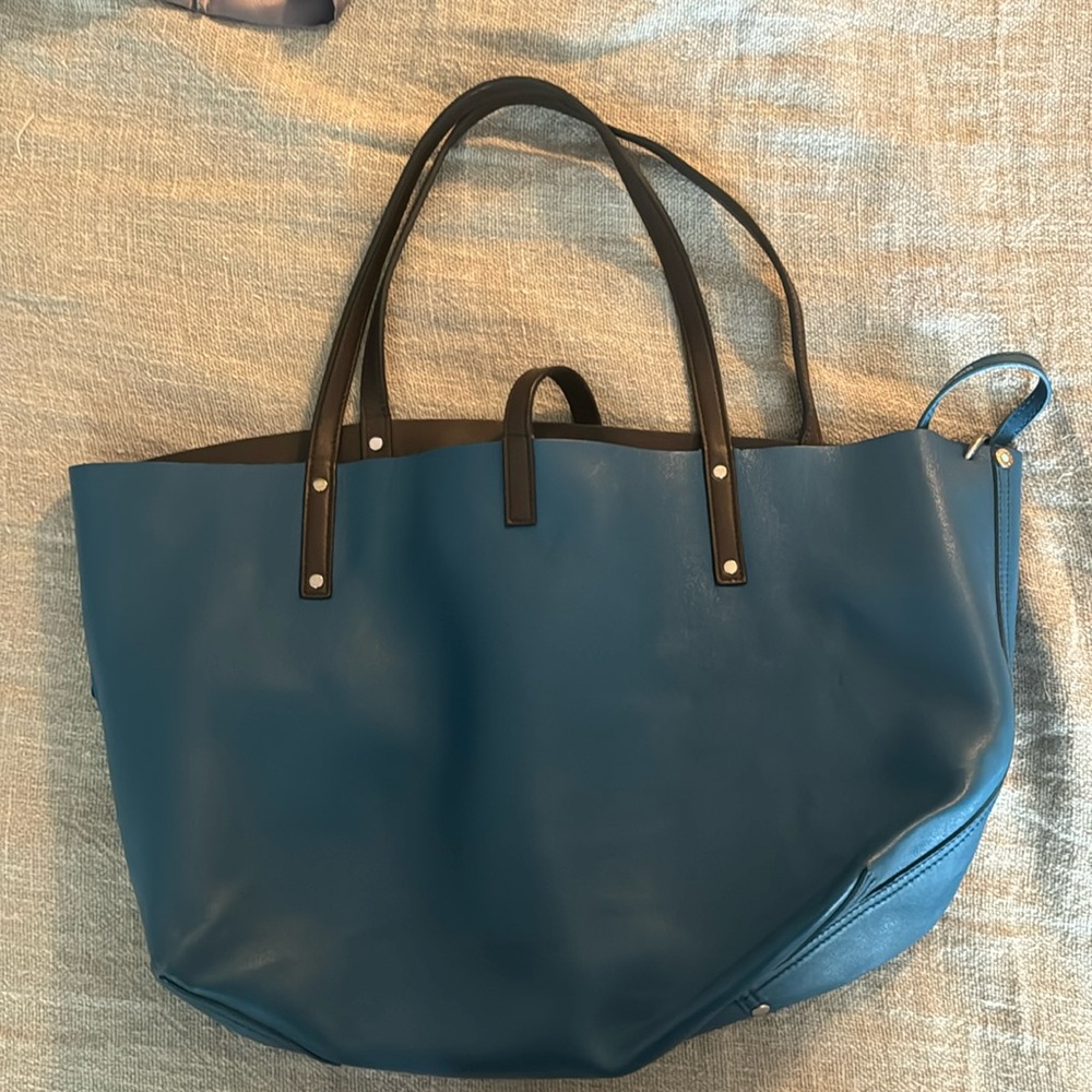 Tiffany and Co teal blue tote with accompanying zippered pouch